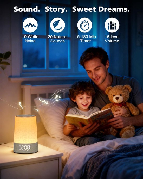 Wekker met licht - Slaapmachine Geluiden - Rustig Ontwaken - Meerkleurig Nachtlampje - Compact Ontwerp - Zwart — afbeelding 5