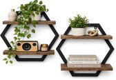 Hexagon Wandplank Set van 2 - Industrieel Zwevende Plank - Hout en Metaal - Muurplank voor Woonkamer, Slaapkamer, Keuken & Badkamer - 15kg Draagvermogen - Zwart/Hout - 2-laags