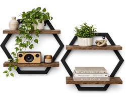 Hexagon Wandplank Set van 2 - Industrieel Zwevende Plank - Hout en Metaal - Muurplank voor Woonkamer, Slaapkamer, Keuken & Badkamer - 15kg Draagvermogen - Zwart/Hout - 2-laags