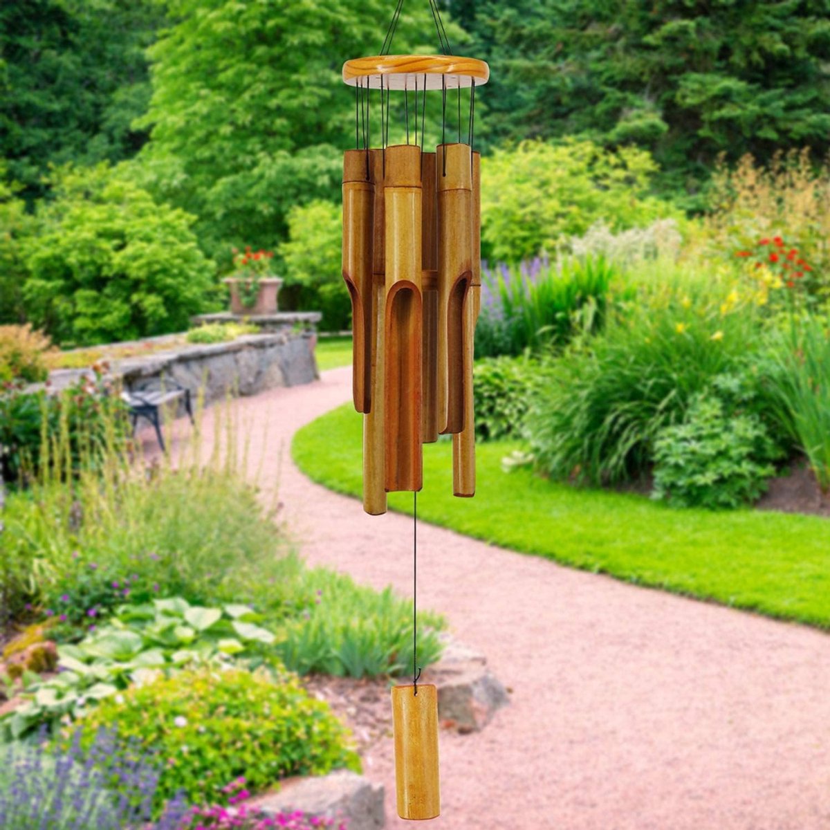 QUOVO® Windgong Bamboe - Windgong Buiten - Windorgel - Bruin - 13cm x 13cm x 82cm