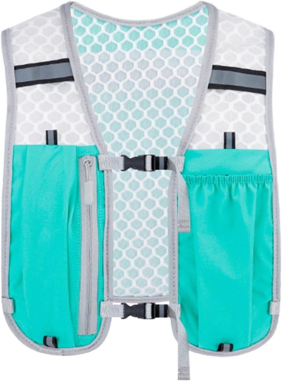 Sportvest met turkooizen zakken, rits, clips en witte mesh met honingraatstructuur.