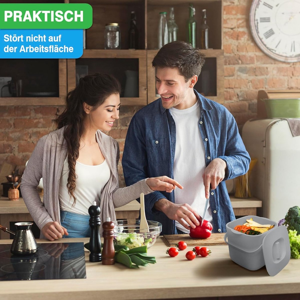 4L geurbestendige compostcontainer met geurbestendige deksel & zeefsysteem - vaatwasser-dichte compacte bio-afvalcontainer, geursysteem voor kantoor, kleine ruimtes, duurzaam plastic voor geschikt afval, grijs.