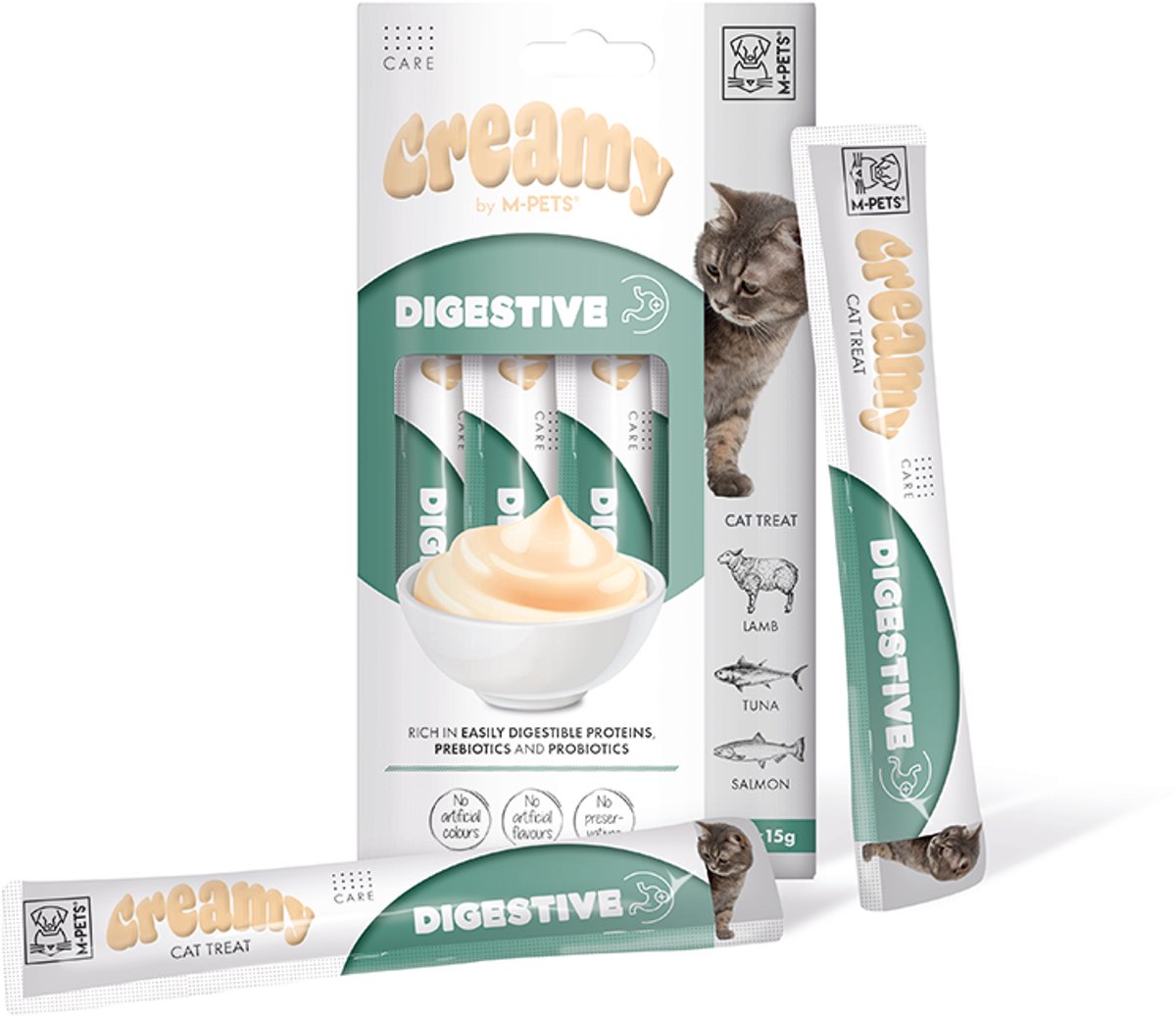 M-PETS Creamy kat functionele snack spijsvertering - lam & tonijn & zalm 60g - per 12