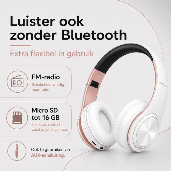 DrPhone BH1 - Draadloze Bluetooth Koptelefoon - FM Radio, Micro SD en AUX - On-Ear Headset met Microfoon - Wit/Rose