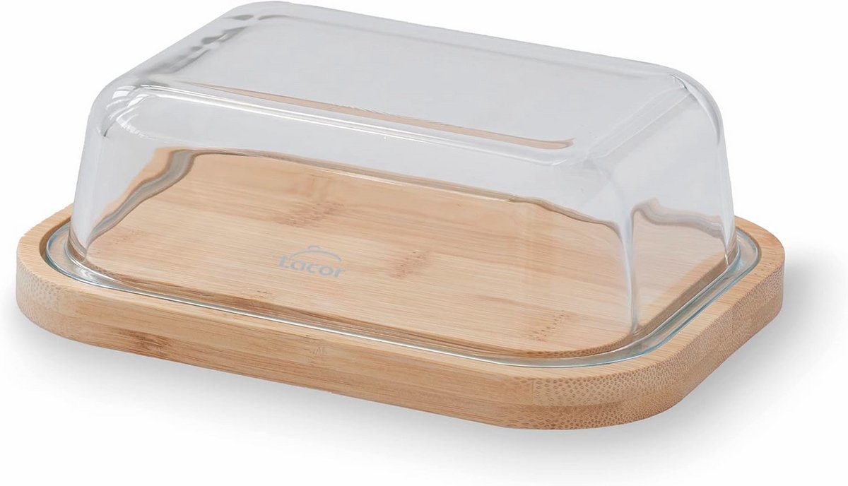 Lacor - 62898 botervloot, botervloot, bamboebodem, borosilicaatglazen deksel, eenvoudige reiniging, vaatwasmachinebestendig, 18,5 x 14 x 6,5 cm