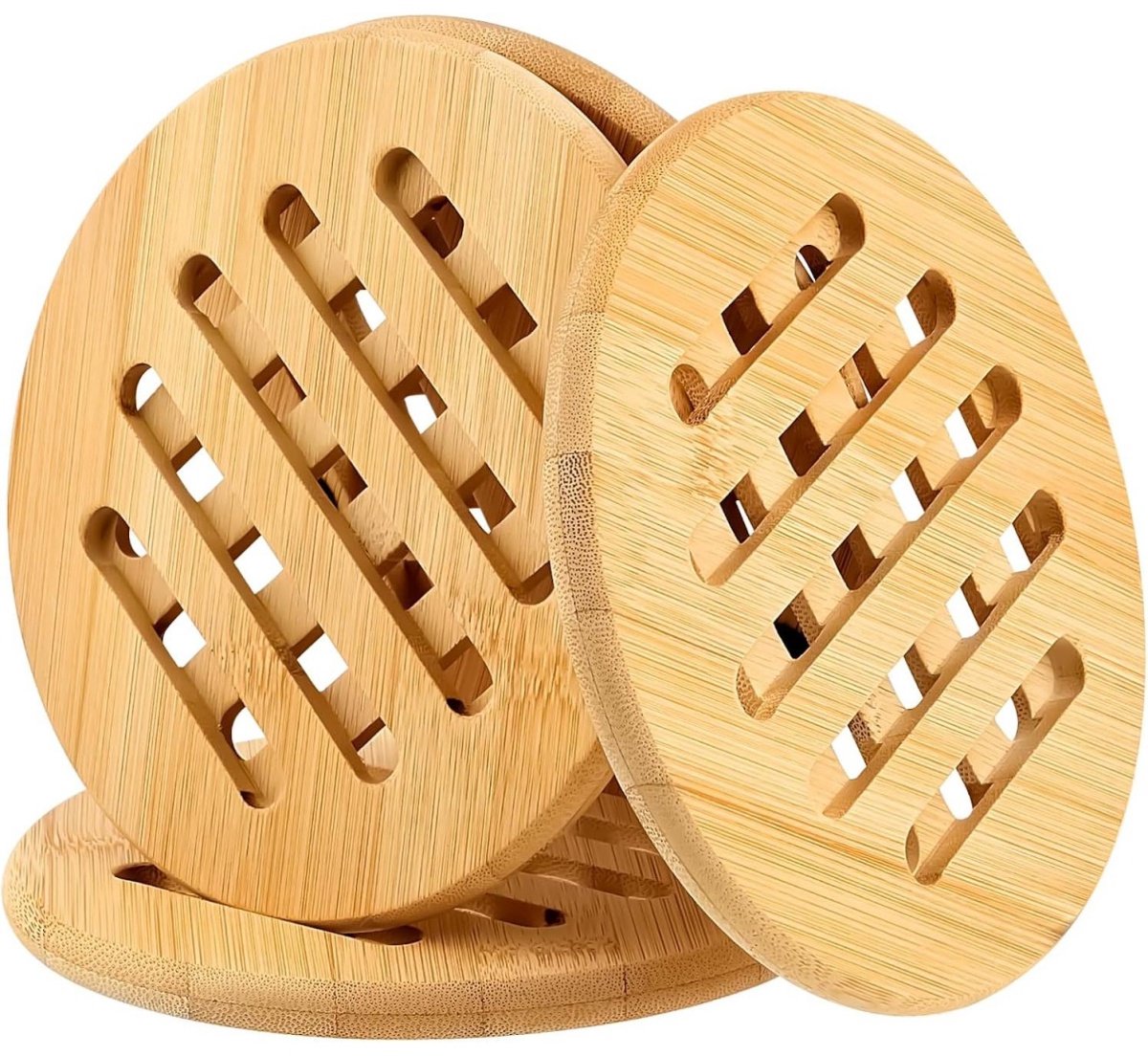 GELLDG Hittebestendige Bamboe Onderzetters – 4-delige set – Antislip, wasbare bamboe onderzetters – Ronde pannenonderzetters en pannenlappen voor de keuken – Geschikt voor kommen, potten, pannen, waterkokers en borden – 15 cm