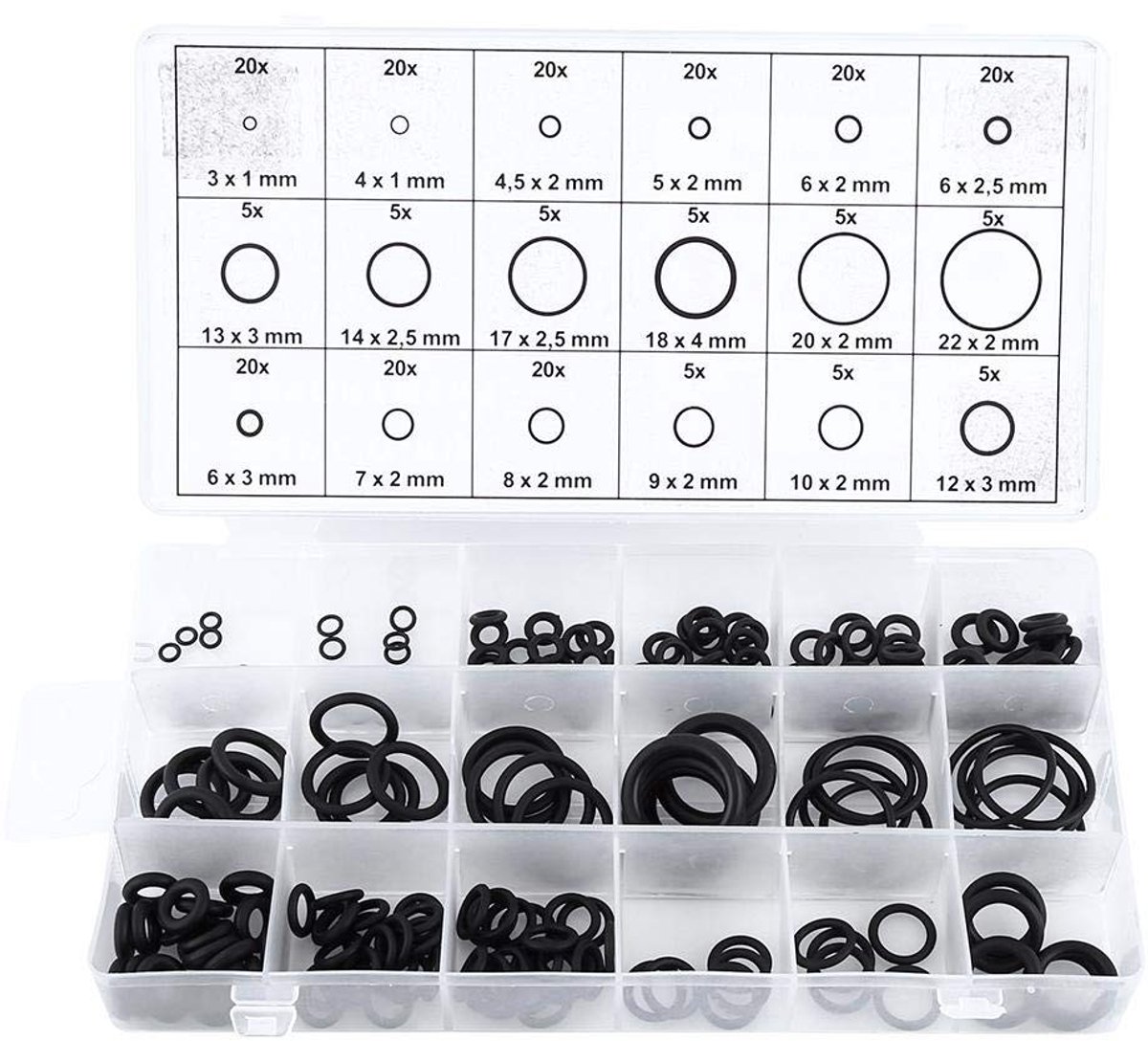 Dailygoods- Afdichtringen 225 Stuks - Rubber - Sanitaire Afdichtingen - Auto Reparaties - Zwart - Doos 20,5 x 10,1 x 3 cm - Rubberen Ringen