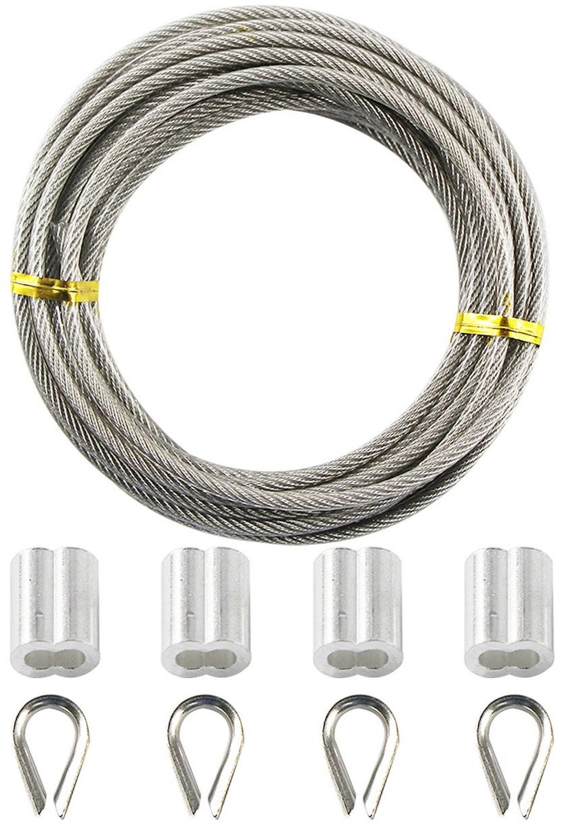 Dailygoods- Kabel 5 m x 3 mm - Gegalvaniseerd Staal - PVC Coating - Inclusief 8 Klemelementen - Duurzaam - Zilverkleurig - Staaldraad