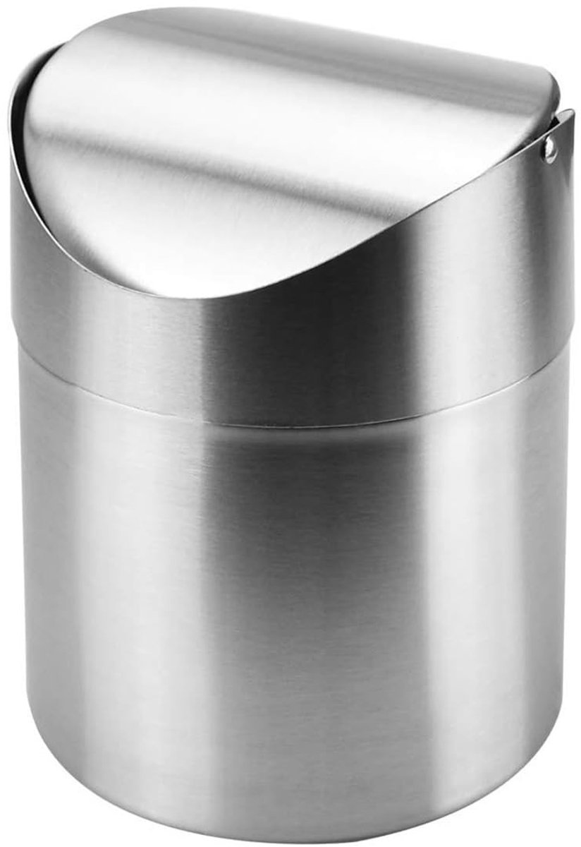 Dailygoods- Prullenbak 12 x 12,3 x 16 cm - Mini-prullenbak - Roestvrij Staal - Draaideksel - Ruimtebesparend - Geurbestendig - Afvalbak