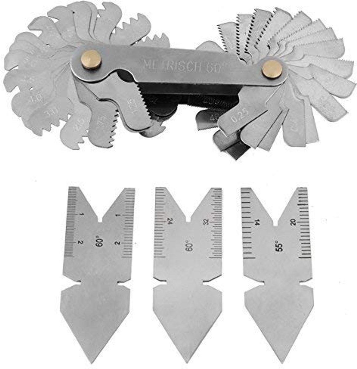 Dailygoods- Calibro Set van 3 - Meetinstrumenten voor Schroefdraad - Roestvrij Staal - 60°/55° Mal - Duurzaam - Compact en Lichtgewicht - Meetinstrument
