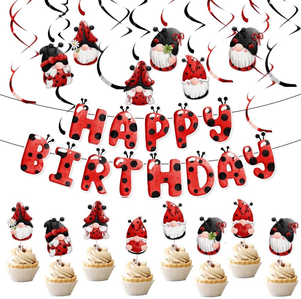 Dailygoods- Verjaardagsdecoratie Kabouter/Lieveheersbeestje - Feestdecoratie - Achtergrond/Fotorekwisieten - Taart/Cupcake Topper - Opknoping Swirls - Karton/PVC - 1 Stuk Banner/8 Stuks Topper