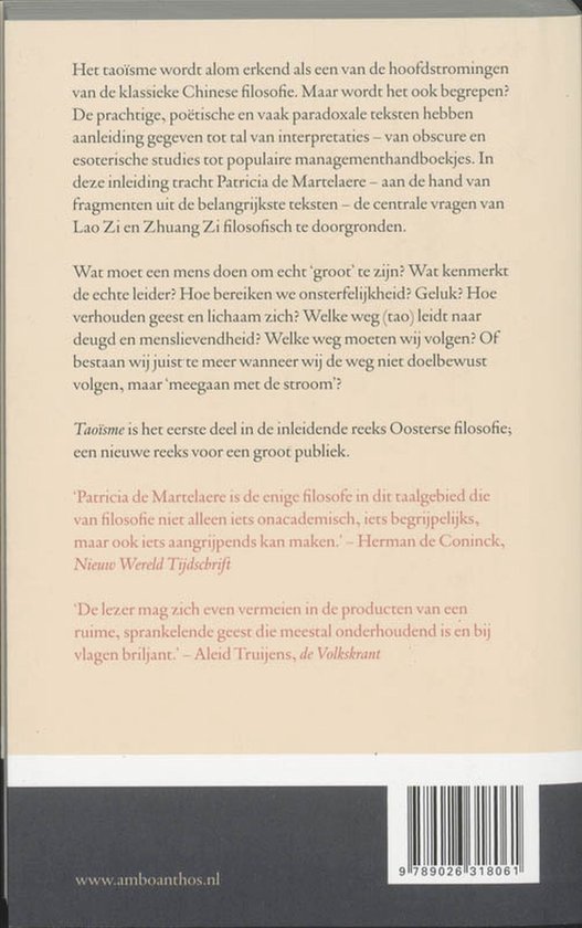 Boekomslag met tekst over taoïsme. Rechtsonder een barcode en ISBN.