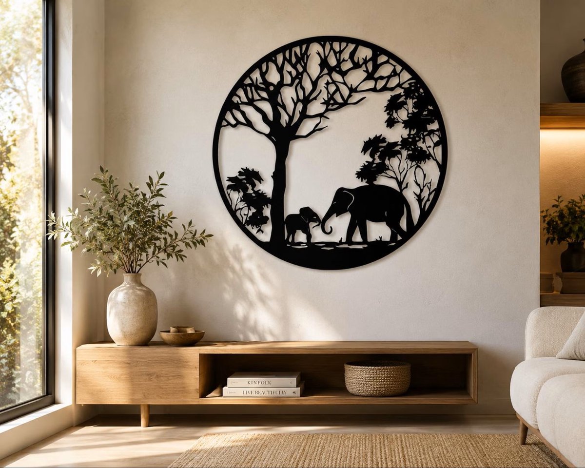 Olifanten Wanddecoratie 50x50 cm – Houten Safari Muurdecoratie – Rond Design – Zwart – Natuur Wanddecoratie