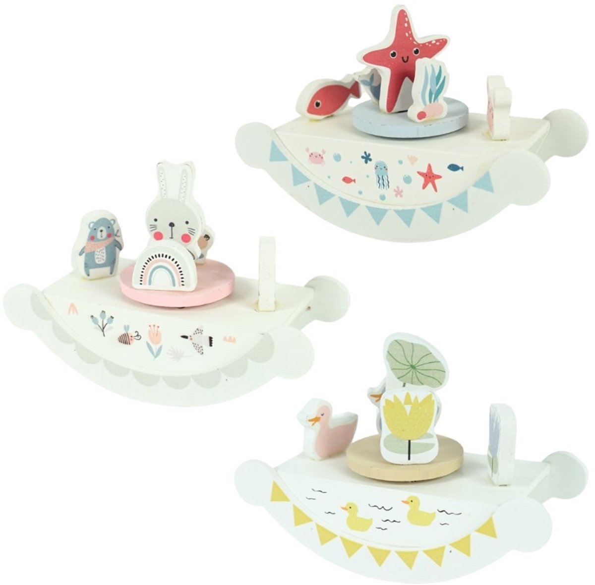 Home Accents Houten Muziekcarrousel – 3 Muziekdoosjes met Draaifiguurtjes – 17 cm – (Konijn, Zee of Eendjes)