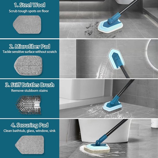 JEHONN Scrubber with Handle, Cleaning Brush for Bathroom with Telescopic Rod, 130 cm, 4 Different Sponge Brushes for Patio, Tiles, Bathtub (Blue) — afbeelding 2