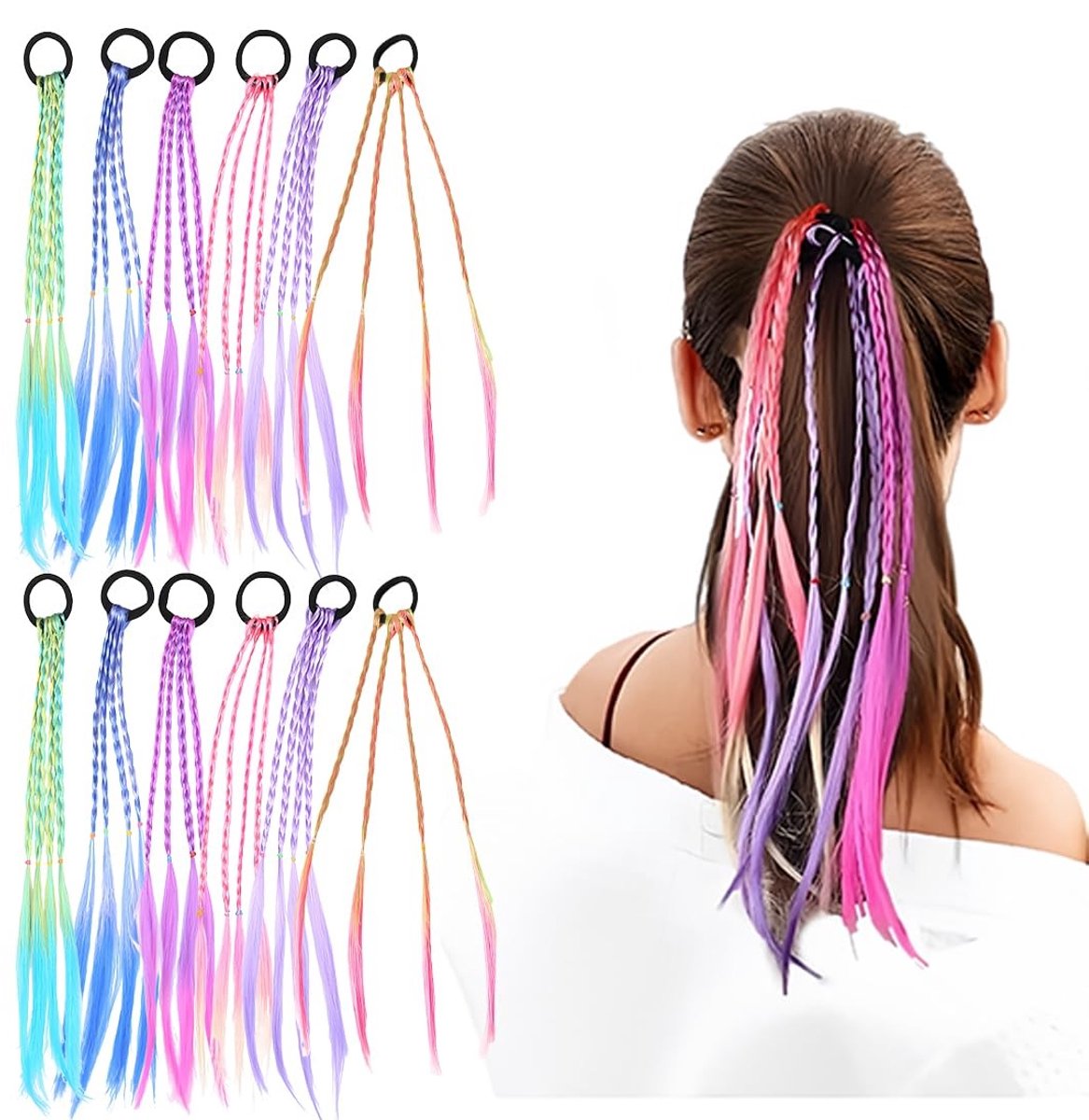 Dailygoods- Haarstrengen 12 stuks - Kleurrijk gevlochten haar - Haarstukjes - Twist-vlechten - Elastische touwband - Kleurverloop - Haarverlengingen