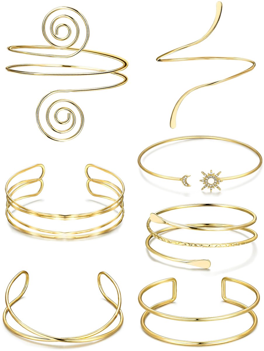 Dailygoods- Bovenarmbanden 7-delige set - Gouden Armbanden - Minimalistisch Ontwerp - Zon/Maan/Swirl/Spiraal - Comfortabele Draagervaring - Verstelbaar en Hoogwaardige Materialen