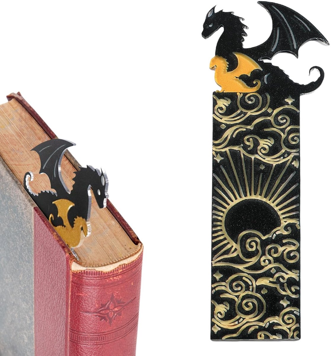 Dailygoods- Boekenlegger Zwart-Gouden Draak - Dubbelzijdig Patroon - Acryl - Bladwijzer met Zon/Wolken - Uniek Design - Duurzaam Materiaal