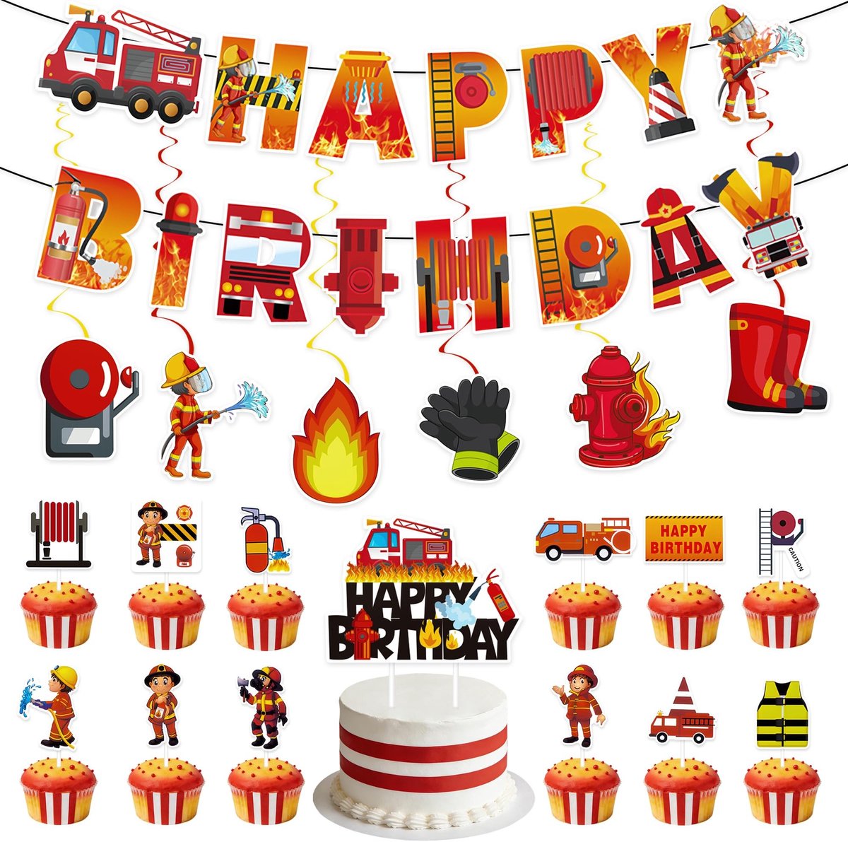 Dailygoods- Brandweerwagen Verjaardagsdecoraties - Brandweerman Banner - Hangende Wervelingen - Taart/Cupcake Toppers - Feestdecoraties - Authentieke Sfeer