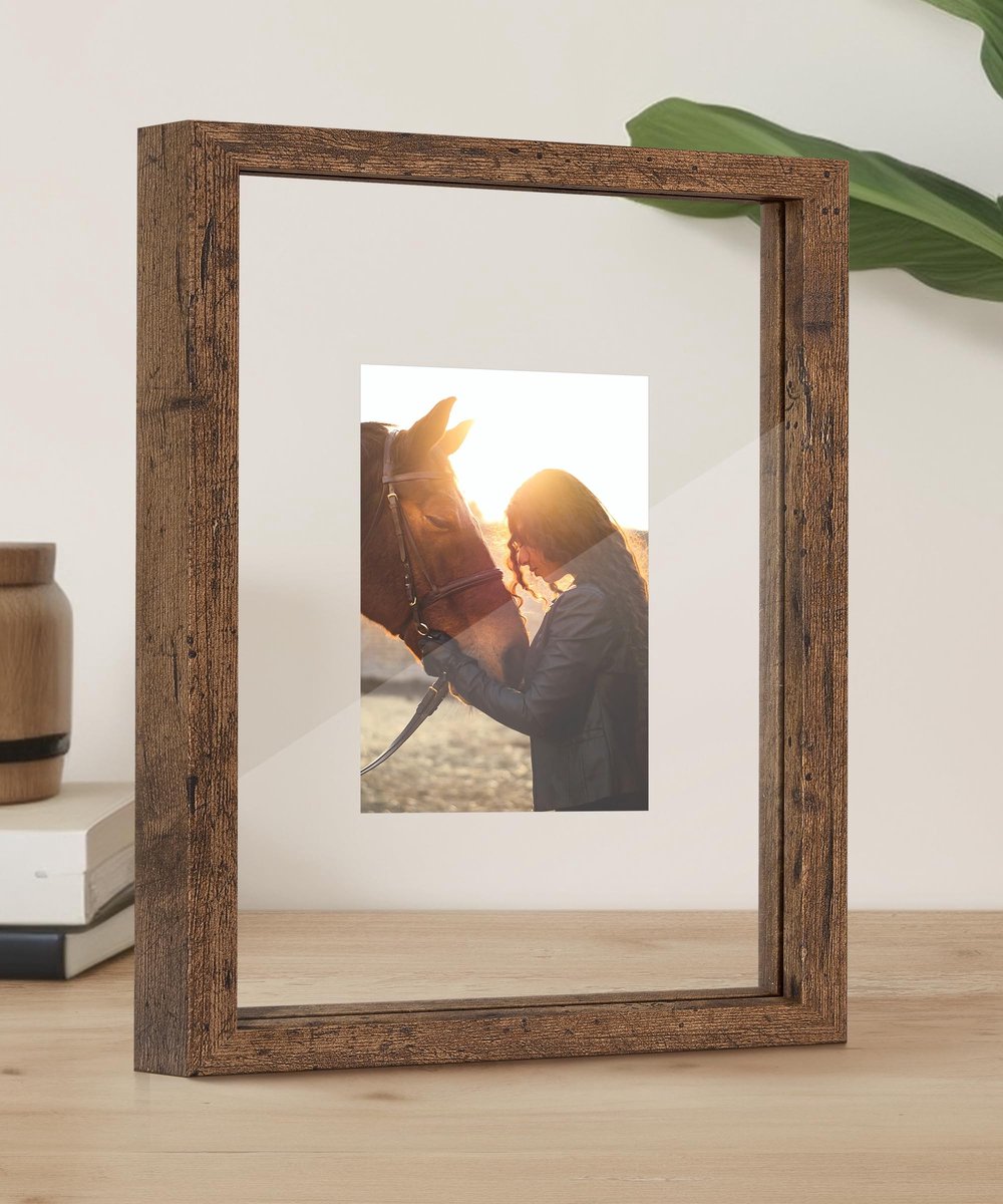 Dailygoods- Fotolijst Dubbelzijdig - Zwevend Ontwerp - Verbeterd Gehard Glas - Houten Frame - Voor Verticale/Horizontale Weergave - Perfect voor Kunstwerken - Zwevende Fotolijst