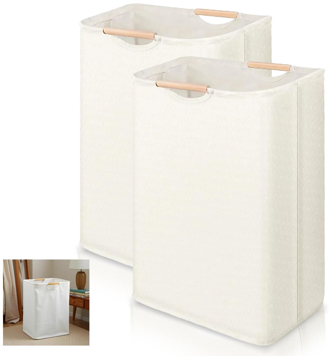 Dailygoods- Wasmand 2 Stuks - Smalle Wasmand - Wasmand met Houten Handgrepen - Polyester-Katoen - 40 × 30 × 59 cm - Wasverzamelaar - Wasmanden