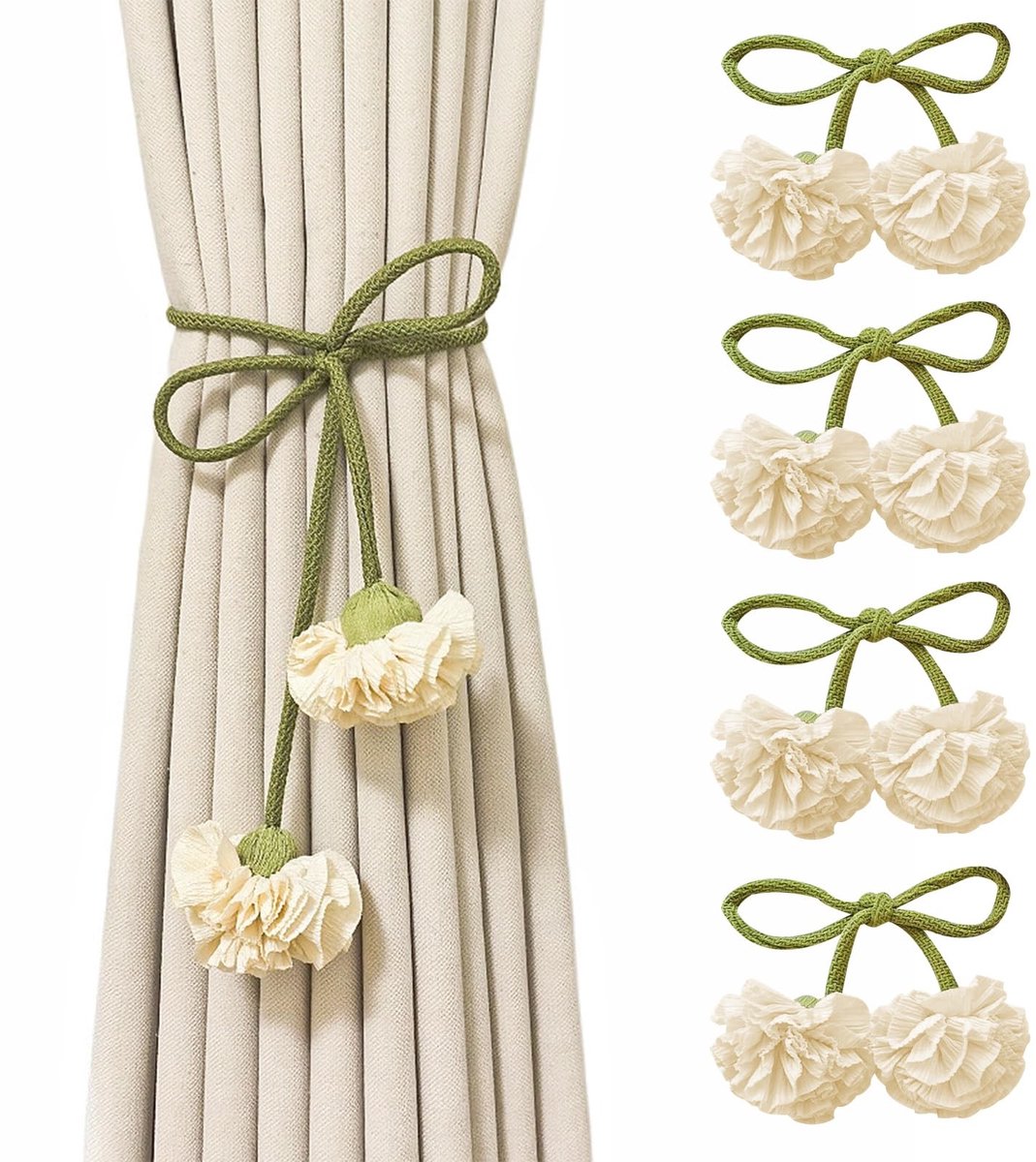 Dailygoods- Gordijnhouders - 4 Stuks - Katoen - Decoratieve Bloemmotiehouders - Boheemse Gordijnhouders - Totale Lengte 110 cm - Eenvoudig Design - Gordijnbanden