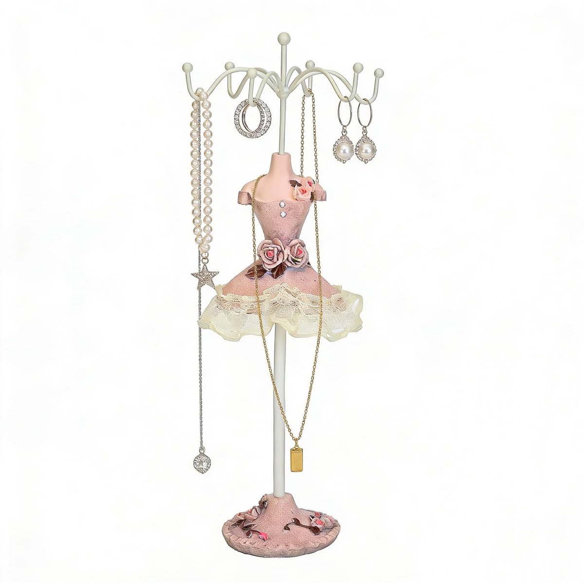 Dailygoods- Sieradenstandaard Prinsessenjurkmodel - Sieradenorganizer - Oorbellenhouder - Halskettingenhouder - Ringenhouder - Kunsthars, 21 cm hoog - Sieradenhouder