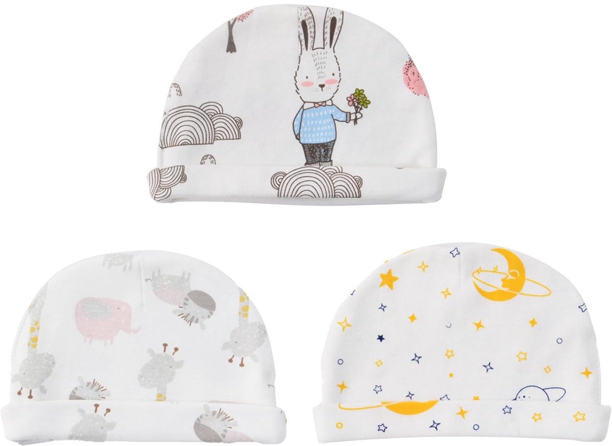 Dailygoods- Babymuts Katoen - 3 Stuks - Maat M - Voor Pasgeborenen - Schattig Design - Veilig Draaggevoel - Babyhoed