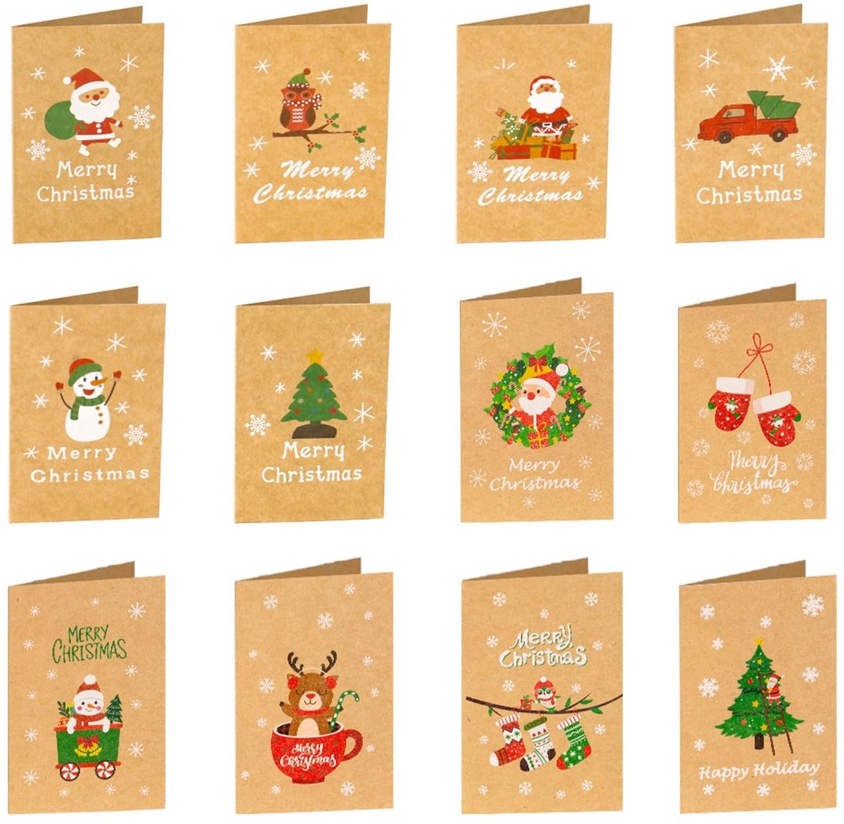 Dailygoods- Kerstkaarten Set 12 Stuks - Kraftpapier - Wenskaarten - Mini-Kaarten - Enveloppenset - Kinderen/Familie/Vrienden