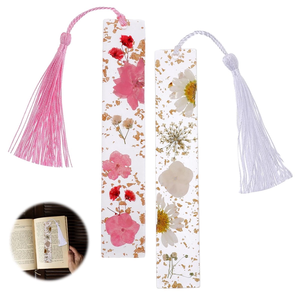 Dailygoods- Bladwijzers Handgemaakt - Droge Bloem - Transparante Hars - 2 Stuks - Kleurrijke Kwastjes - 14x2,5 cm - Boekenlegger