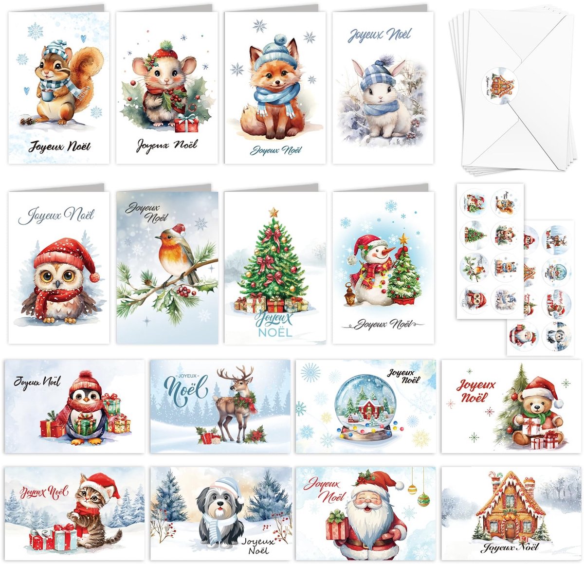 Dailygoods- Kerstkaarten 16 Stuks - Winterdieren - Aquarel - Zelfklevende Enveloppen - Vrolijk Kerstfeest - Wenskaarten