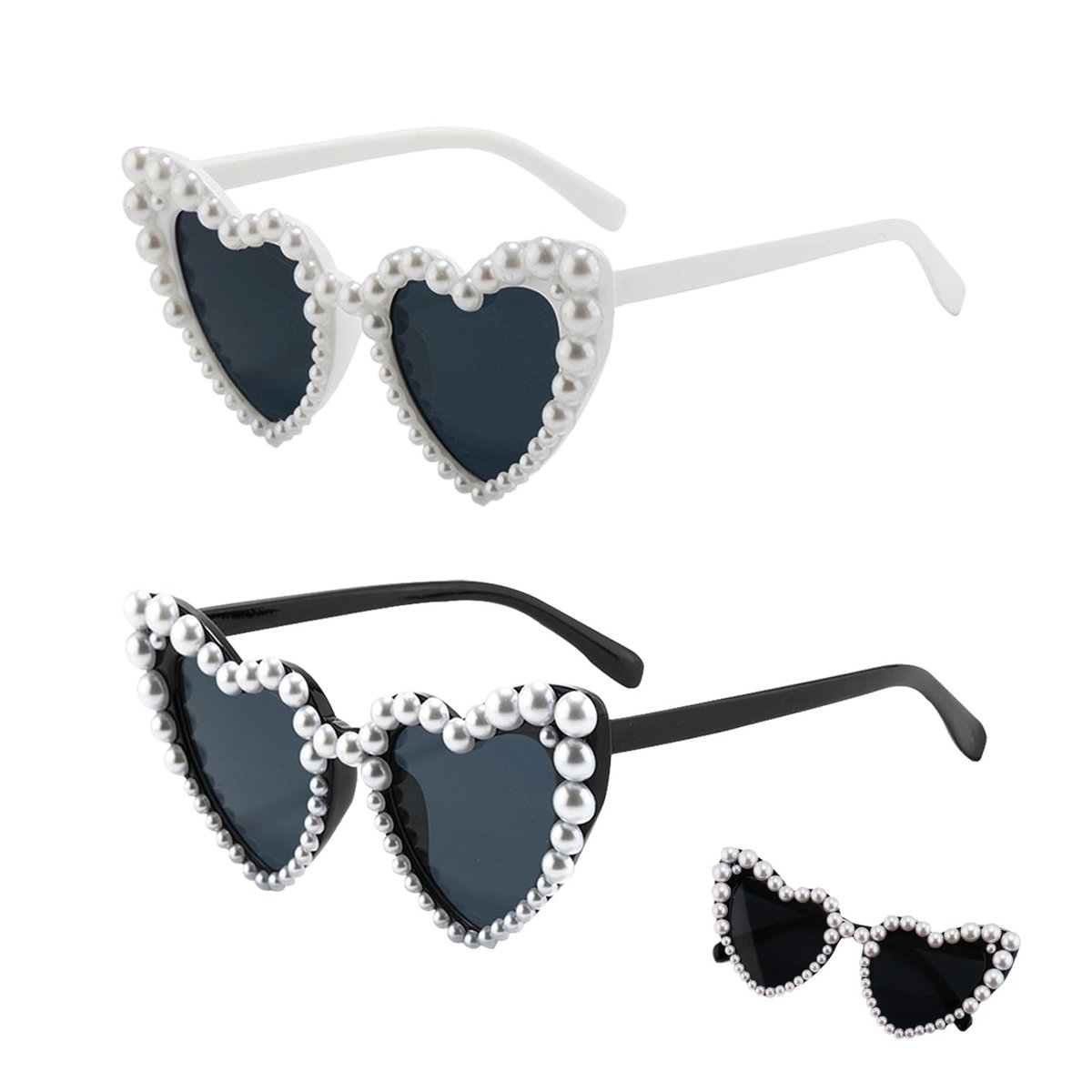 Dailygoods- Zonnebril Hartvormig - 2 Stuks - Zwart/Wit - Modieus - Parelverfraaid - Afmetingen 15,3 x 6 cm - Fashion Sunglasses