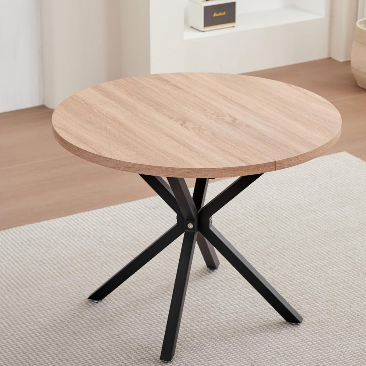 Nordic Industriële Ronde Eettafel 100 cm – Scandinavische Design Eettafel voor 4-6 Personen met MDF Tafelblad en Zwart Metalen Kruispoot Onderstel – Lichtbruin – Ø100 x 76 cm