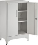 Grijze archiefkast met één deur open en drie blanco planken.