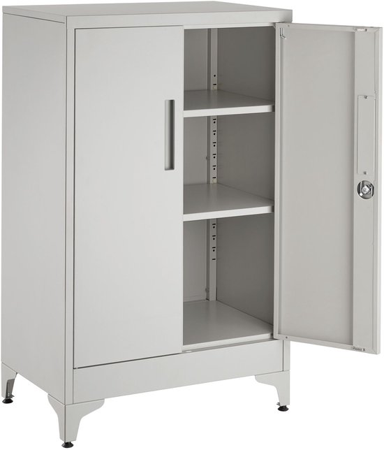Grijze archiefkast met één deur open en drie blanco planken.