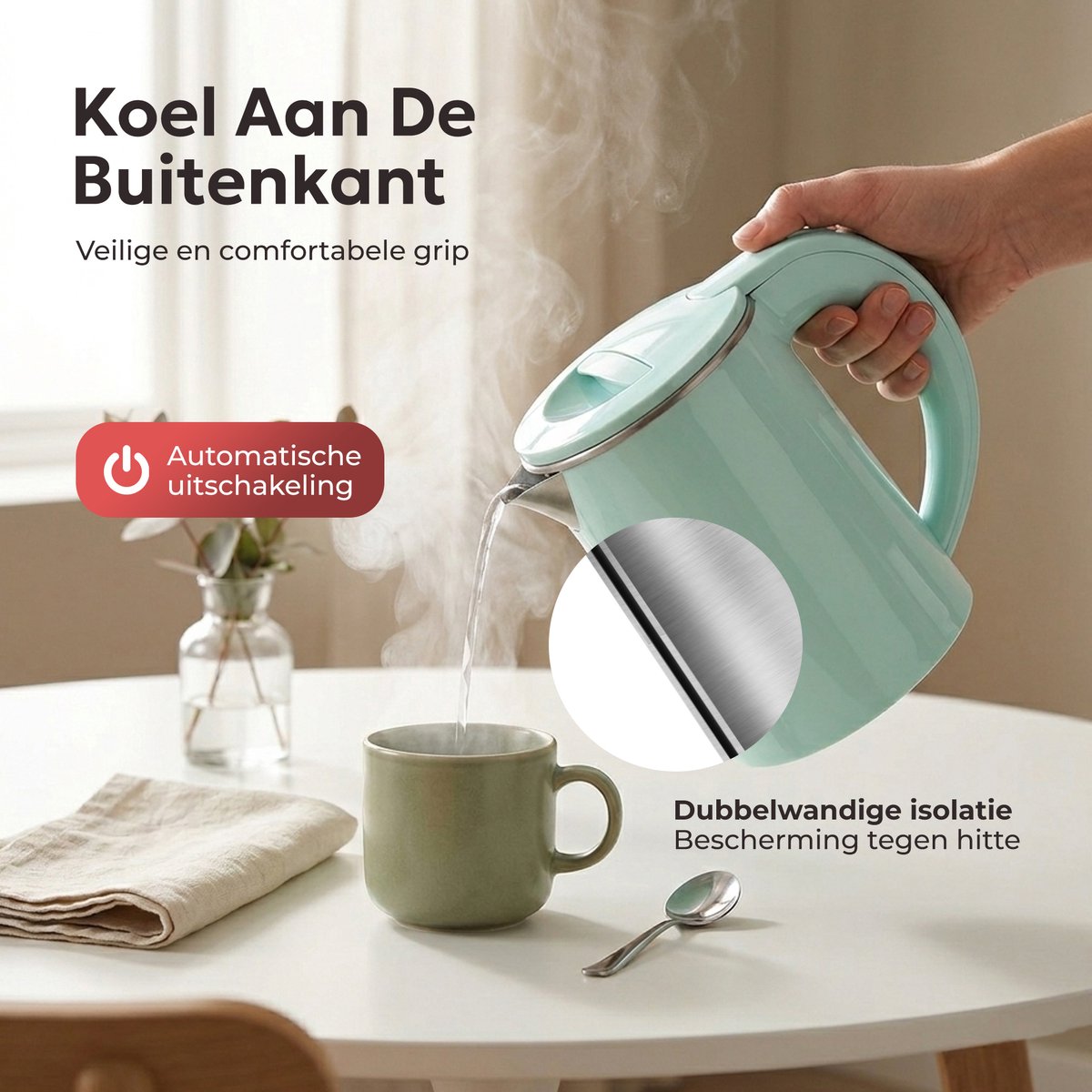 TM&DY Waterkoker - 0,6 Liter – 600W – Reis Waterkoker - Dubbelwandige Isolatie – RVS Binnenwerk – Camping Waterkoker - Automatische Uitschakeling – Mintgroen thumbnail 2