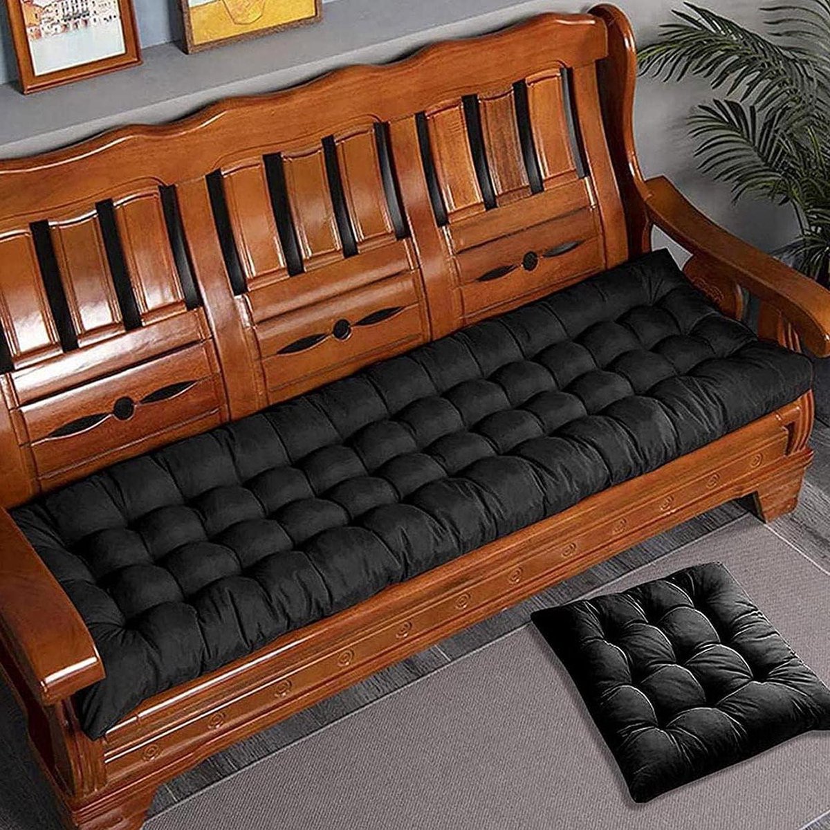 Tuinbank Kussen Pad 2/3 Zits, Dikke Katoen Bank Pad Kussens 100cm/110cm/120cm, Rechthoek Zitkussen Pads voor Outdoor Indoor (Zwart, 45X45CM)