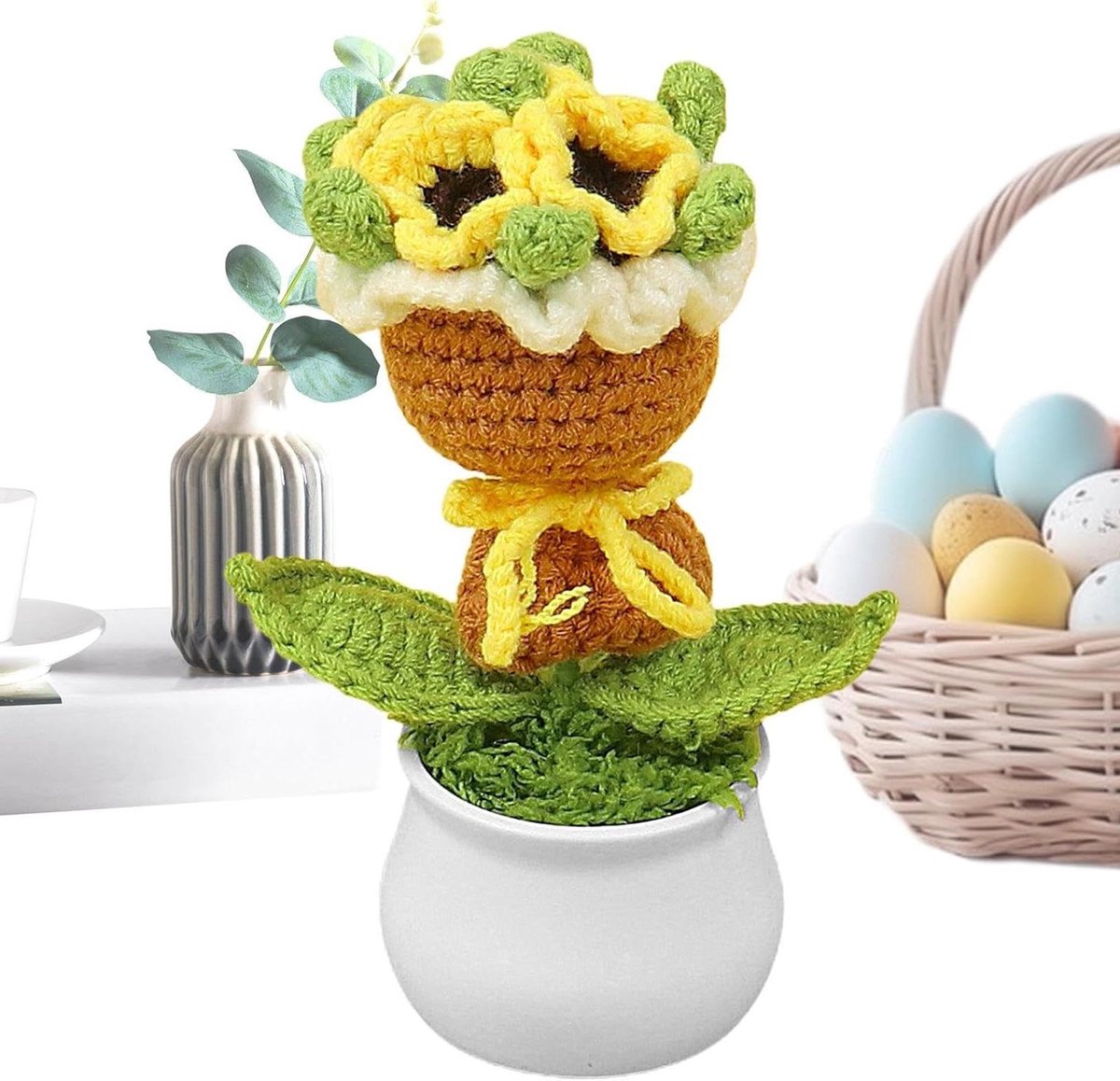 Haakbloemen Boeket - Gebreide Bloemen Decoratie - Woonkamer Decoratie - Handgemaakt met Detail - 15 cm Hoog - Geel