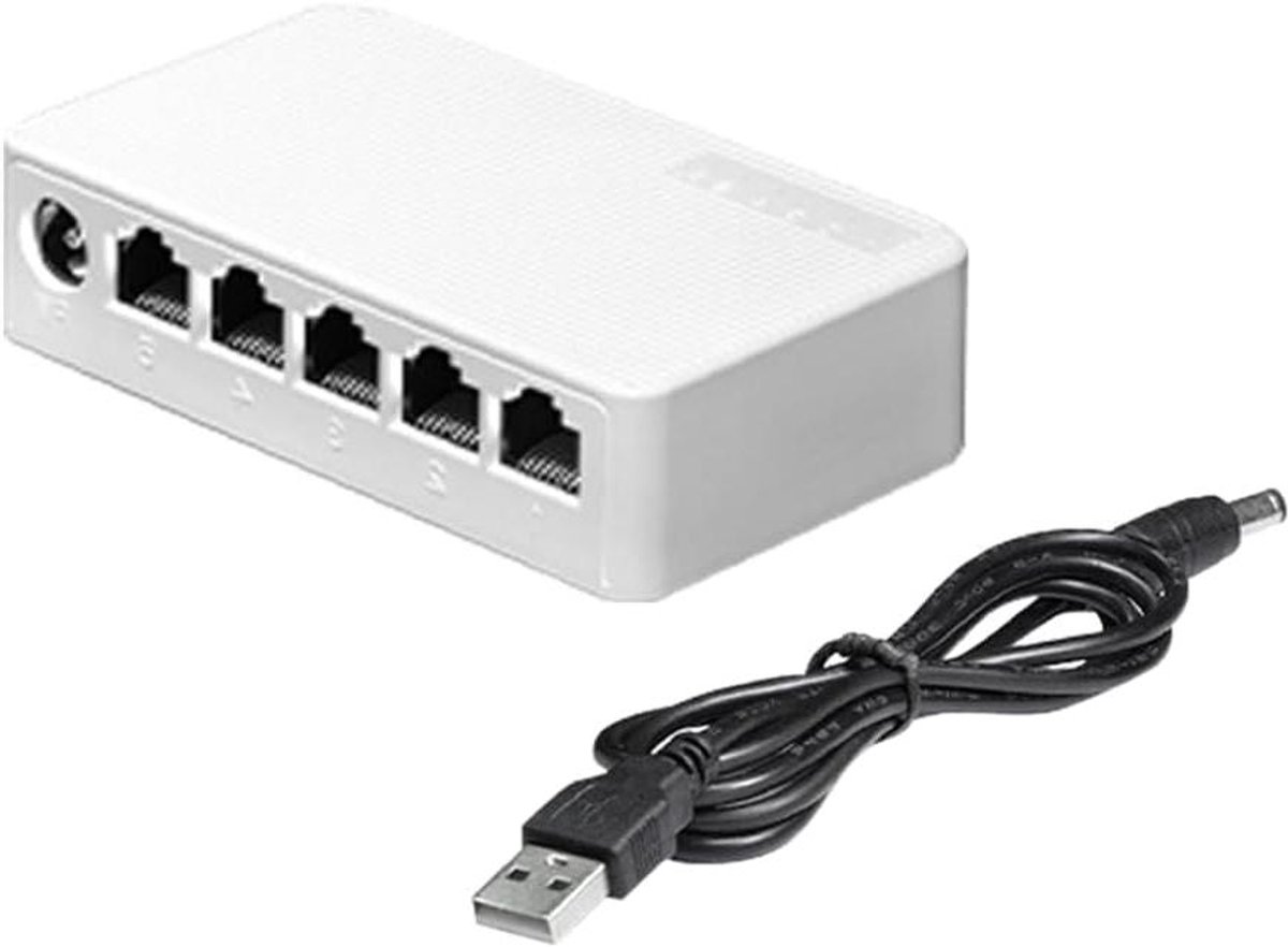 Ethernet Switch - Netwerk Hub - Internet Delen - Plug and Play - 5 Poorten - Wit