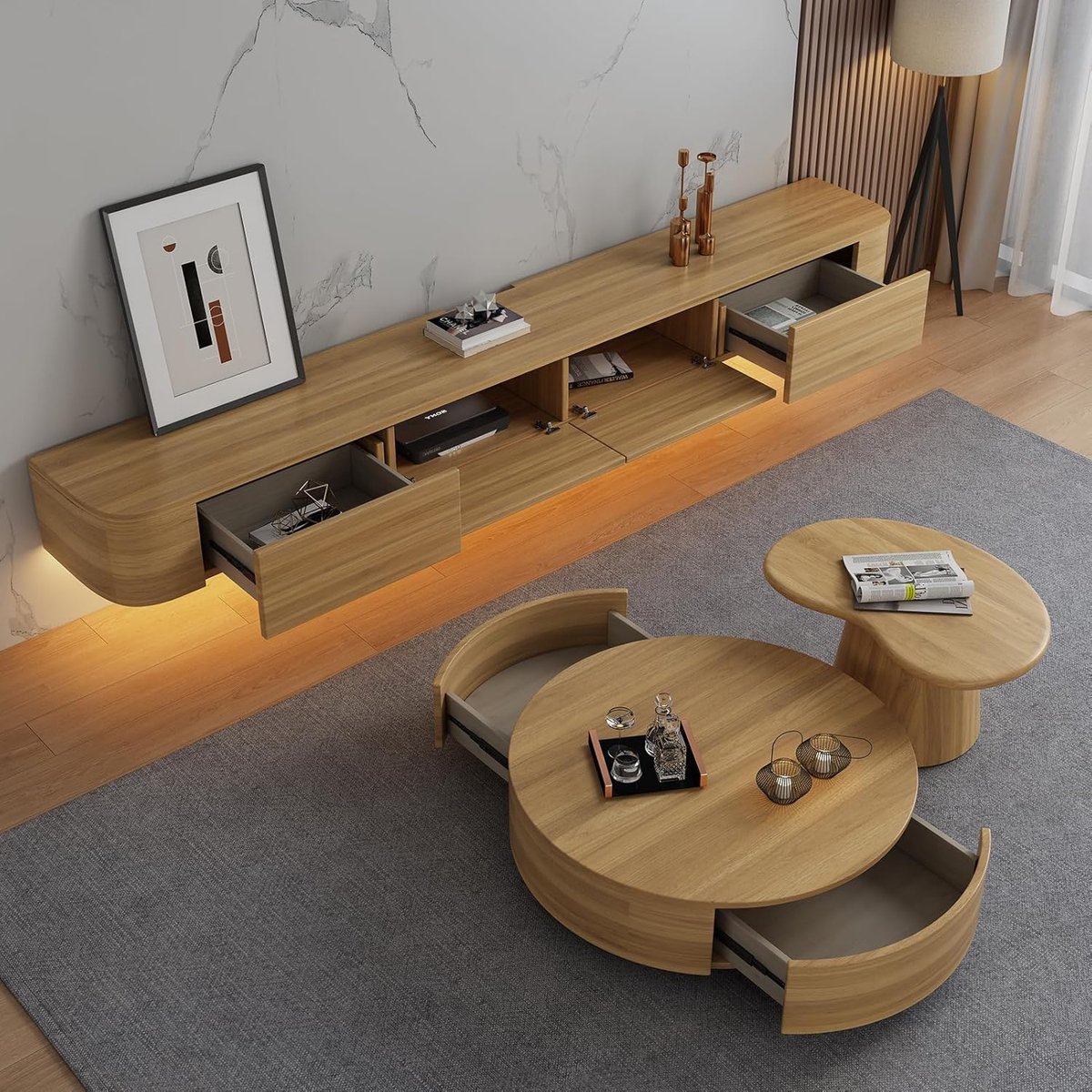 Zwevend TV Meubel 140 cm met LED Verlichting en Kabelmanagement – Wandgemonteerde TV Kast met Deuren en Opbergruimte – Houten TV Console voor Woonkamer en Slaapkamer – Modern Design – Mobili Bella