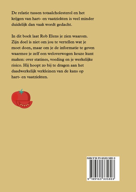 Boek met tekst over cholesterol, hart- en vaatziekten en een illustratie van een tomaat.