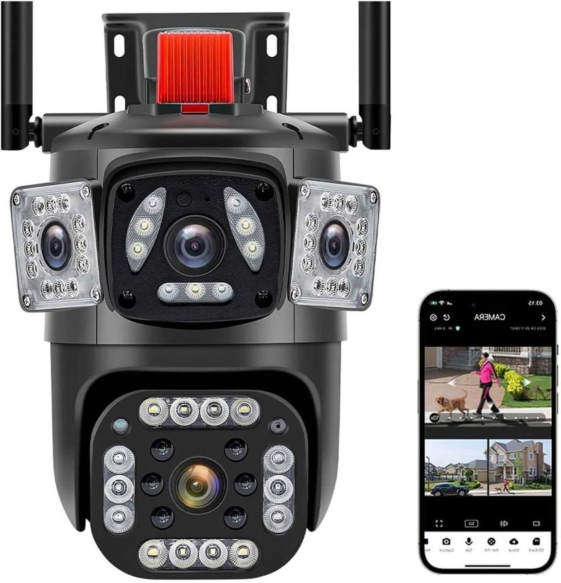 Beveiligingscamera Buiten - PTZ IP Camera - Huis Beveiliging - Drie Lenzen Drie Schermen - 6K Resolutie - Wit