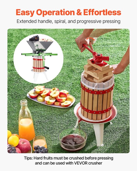 Fruitpers 12 Liter - Wijnpers - Handmatige Sap Pers - Massief Beukenhout - Houten Persmand - Voor Appels, Druiven, Bessen en Cider - Inclusief Filterzakken - Traditionele Sapmaker - Voor Thuis, Boerderij en Wijngaard — afbeelding 4