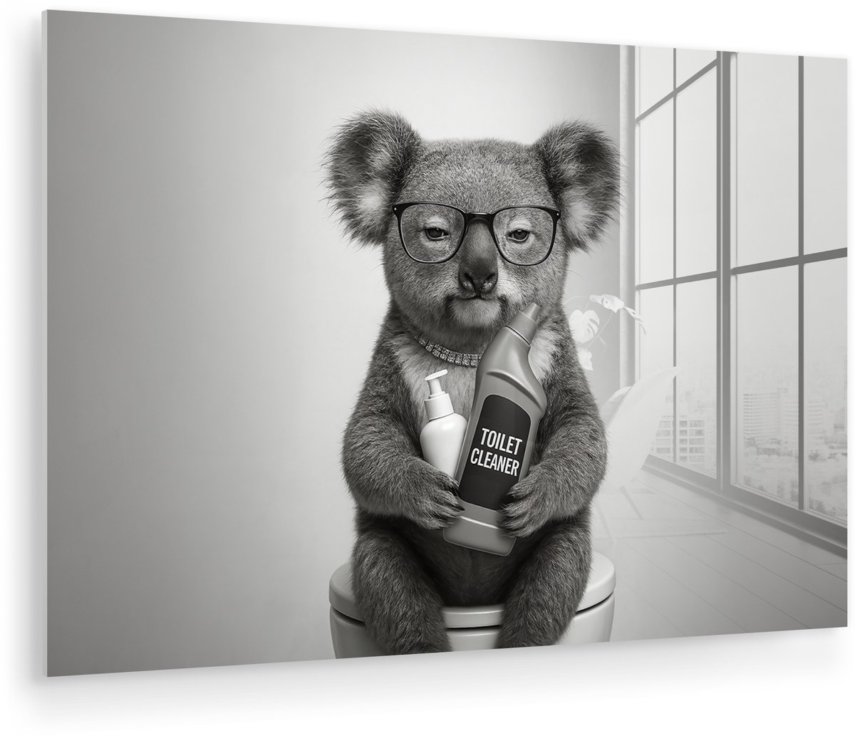 MuchoWow® Glasschilderij 90x60 cm - Schilderij acrylglas - Koala - Bril - Toilet - Foto op