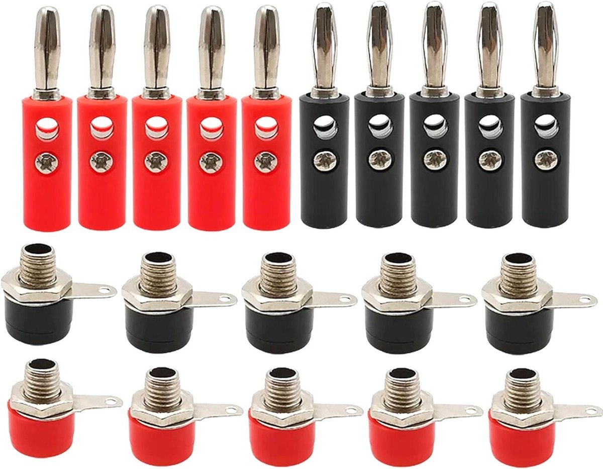 Banaanstekkers - Adapter Connectoren - Audio Verbindingen - Paneelmontage - 10 Paren - Rood Zwart