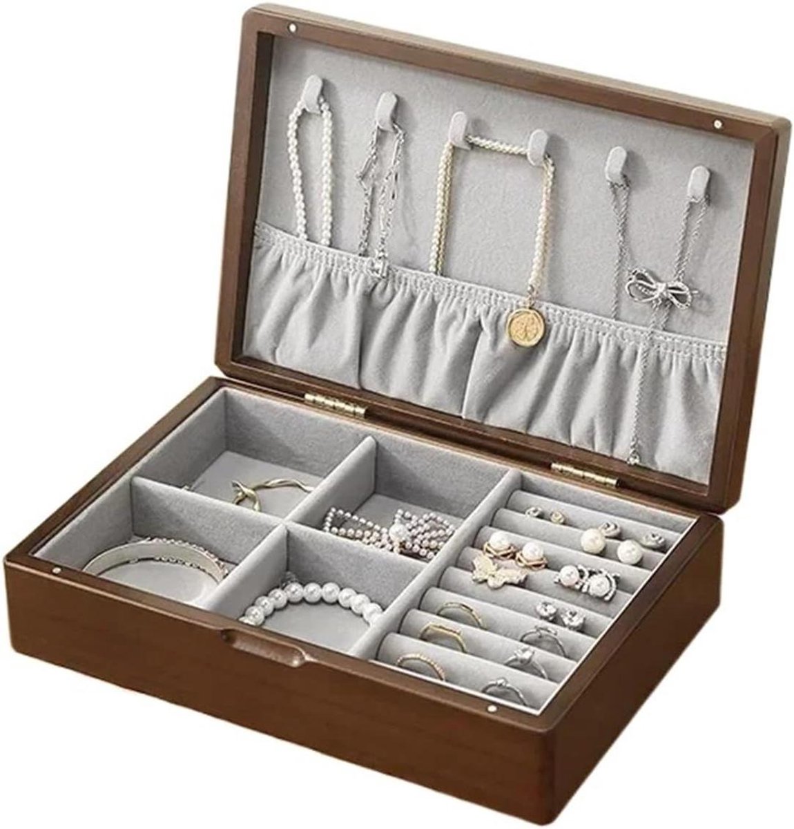 Sieradenkistje Hout - Opbergdoos Accessoires - Sieraden Opbergen - Stofdichte Bescherming - 24 cm Lengte - Walnoot