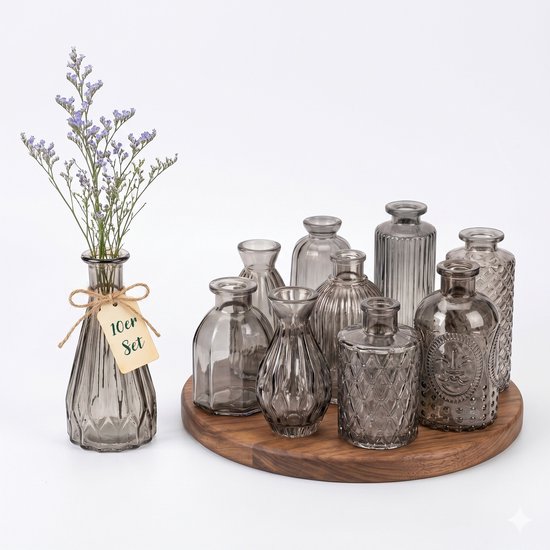 Mini vaasjes - set van 10 - h: 10-14,7 cm hoog - glas - grijs