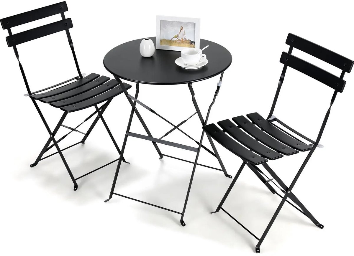 Questyr - 3-delige stalen tafel en stoelen - Opvouwbare bistroset - tuinmeubilair Patioset voor gazon Balkon - Achtertuin Tuin