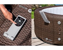 Opblaasbare Jacuzzi 7 Personen – House&Garden Bali Royal AirJet Whirlpool met App Besturing, 180 Bubbeljets, EnergySense Isolatie, Verwarming Tot 40°C, UltraFit Pomp, Thermo Afdekking – Rond Ø216 x 71 cm Rotan Look Chocoladebruin