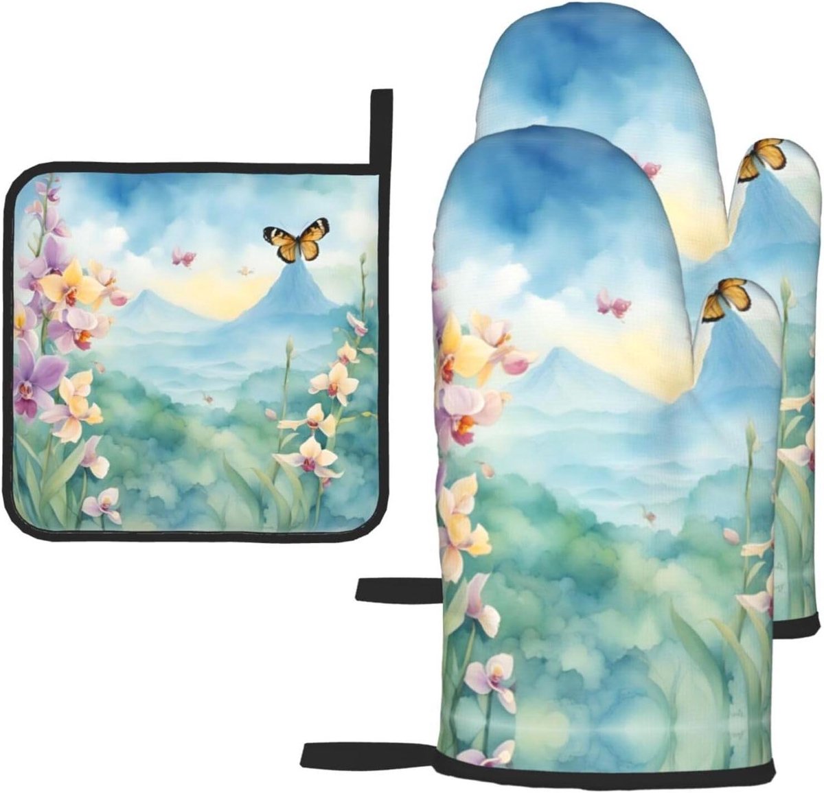 Keuken Bakset - Ovenwanten Set - Veilig Koken - Hittebestendig Materiaal - 28x13cm & 20x20cm - Orchidee Bloem Vlinder